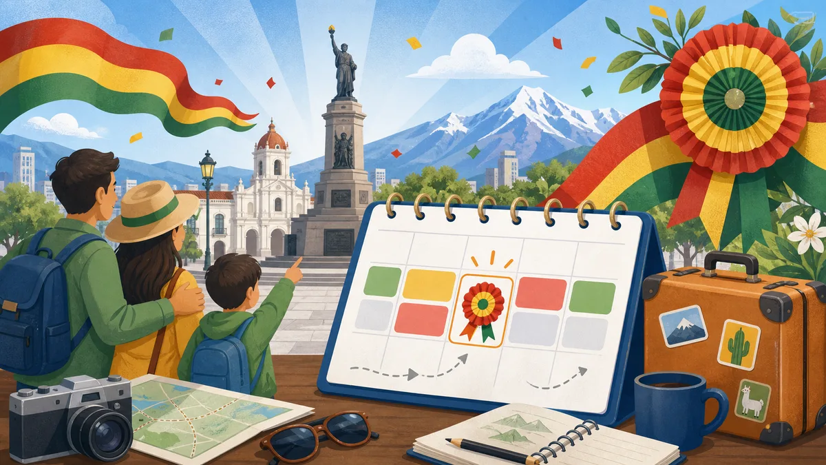 Ilustración del calendario de agosto con la bandera de Bolivia