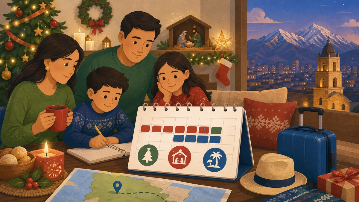 Ilustración de calendario de diciembre, Navidad y planificación de fin de año en Bolivia